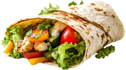 Delicious wrap filled with grilled chicken, fresh vegetables, and herbs, served on a wooden table