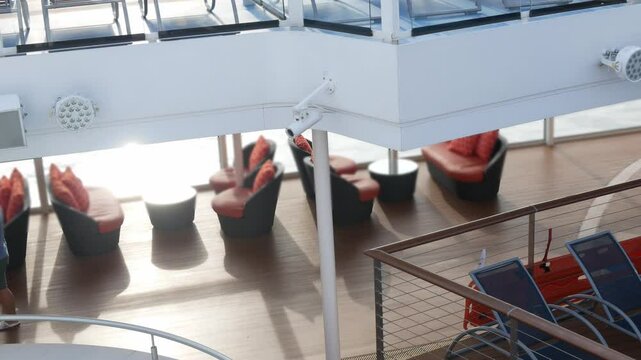view on the sundecks of the cruise ship while cruising in the international open sea in asia in summer holiday vacation time. Lanscape balcony deck view of cruise ship sunset time