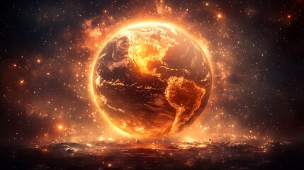 A burning planet is surrounded by the vast starry cosmos