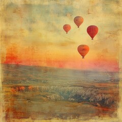 Naklejka premium Vintage styled image of four hot air balloons ascending over a landscape at sunrise or sunset. Warm, muted colors dominate the scene.