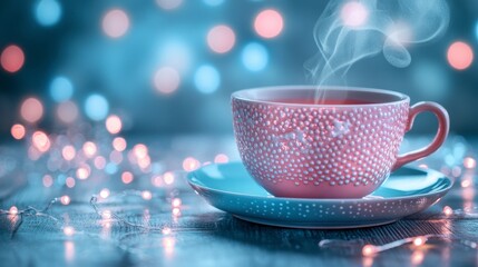 Fototapeta premium Warm pink teacup with steam on saucer, bokeh lights background, cozy atmosphere