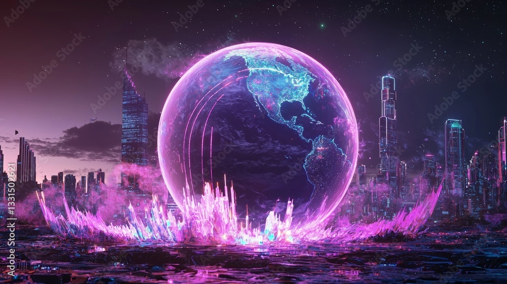 Poster a glowing futuristic city on a digital globe is surrounded by hovering data points, with light strea