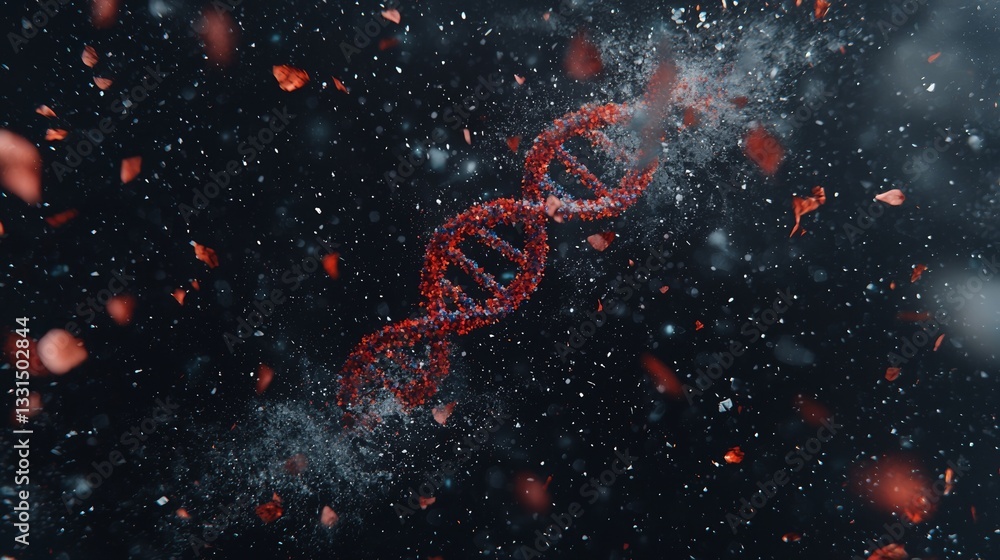 Poster glowing particles are used to create an abstract image of dna