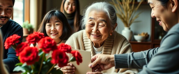Fototapeta premium A group of people, including an older woman, are looking at a book. The woman is smiling and the others are laughing. The scene is set in a room with red flowers in the background