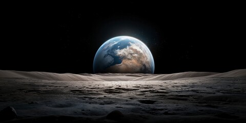 View of Earth rising over the lunar horizon, showcasing the vivid colors and textures of our planet against the starkness of the moon's surface