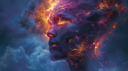 Fiery woman's head portrait, dramatic cloudscape background