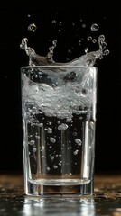 Close up view of a tall glass of sparkling water with a dramatic splash, captured against a dark background. The water is clear and bubbles are visible.