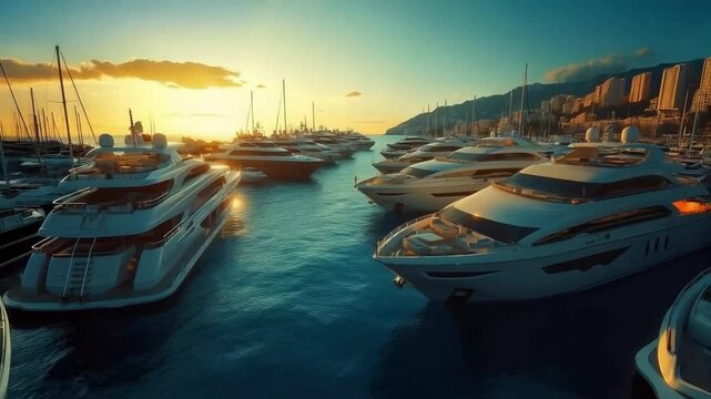 Aerial view of luxurious yachts moored in the marina during golden hour, copy space