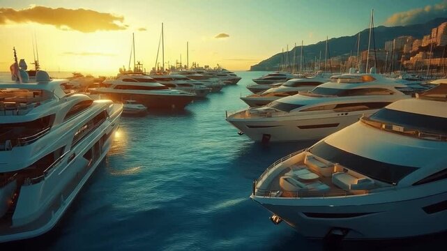 Aerial view of luxurious yachts moored in the marina during golden hour, copy space