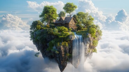 A small wooden cabin sits atop a floating island in the clouds, with a waterfall cascading down its side