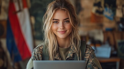 A smiling female military service member in a camouflage uniform and cap sits at a desk, working on a computer.