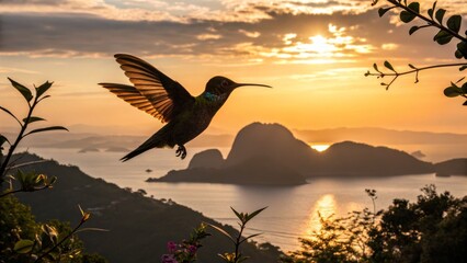 Fototapeta premium Hummingbird Flying at Sunset