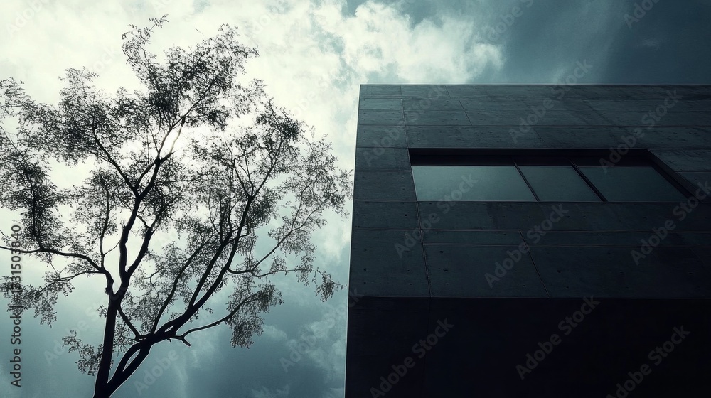 Poster a striking modern facade of a luxury house stands tall, captured against a moody sky. the silhouette