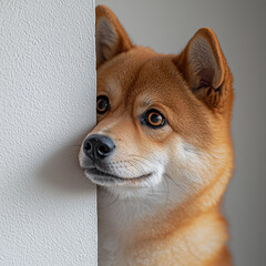 Cute shiba inu peeking out from behind the corner of the wall.