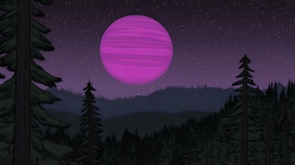 Naklejka premium A vibrant purple planet rises above a forested landscape at night