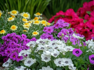 Obraz premium Vibrant Garden Scene Showcasing Diverse Flower Blooms in Full Color Display with Green Foliage in Background, Perfect for Nature and Floral Themes