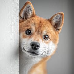 Cute shiba inu peeking out from behind the corner of the wall.