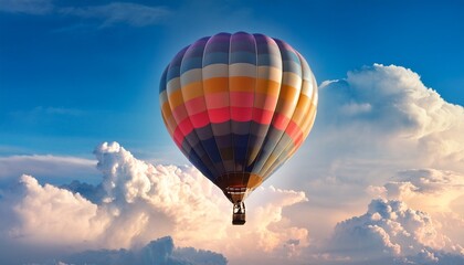Obraz premium a colorful hot air balloon floats among soft clouds against a pastel sky perfect for travel adventure or whimsy themed projects ideal for marketing materials or digital prints