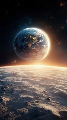 Vibrant sunrise illuminating Earth backdrop against the celestial expanse from a moonlike surface