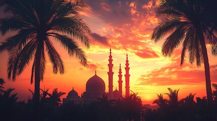 Obraz premium Mosque Silhouette with Minarets Against Vibrant Sunset and Palm Trees