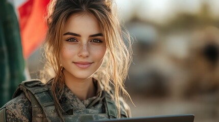 A smiling female military service member in a camouflage uniform and cap sits at a desk, working on a computer.