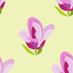 Colorful magnolia flowers are arranged in a repeating pattern against a soft yellow background.