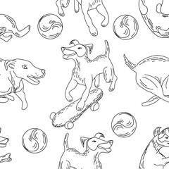 Sketch of dogs engaging in playful activities like skateboarding and chasing balls.