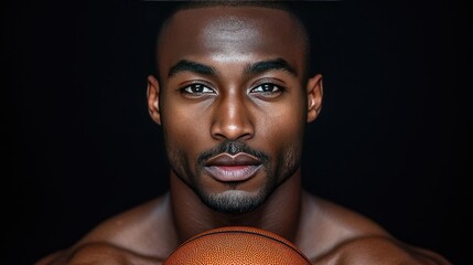 A muscular, bald African American man in a black basketball jersey holds a basketball in front of him.