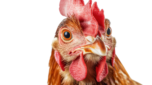 Close up of a rooster showing vibrant feathers and expressive eyes in natural light, highlighting its features and personality