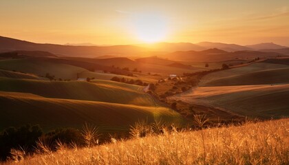 Dreamy and serene abstract landscape of rolling hills, with a soft blur capturing the warm glow of a golden hour sunset.


