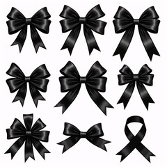 Collection of various Black ribbon bows isolated on a white background