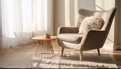 cozy armchair and small round table sit on fluffy rug bathed in soft sunlight