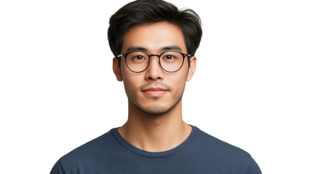 Young man wearing glasses poses confidently against a plain background while showcasing a casual style with a dark t-shirt and engaging expression - Powered by Adobe
