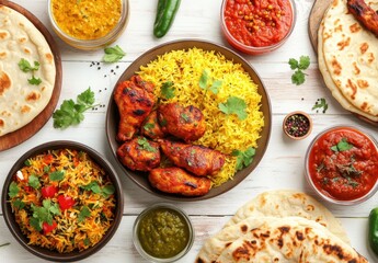 Vibrant Indian Cuisine Spread with Colorful Dishes Including Rice, Chicken, Flatbread, and Various Sauces on a Rustic Wooden Table