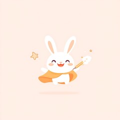 A cheerful white rabbit wearing a cape performs magical wizardry