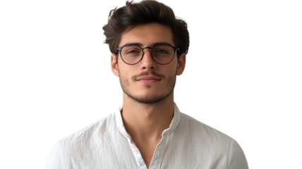 Young man with glasses posing confidently against white background in casual attire
