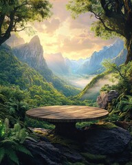Wooden table in a lush forest valley at sunrise.  A serene, natural display platform amidst towering mountains.  Enchanted forest scenery with vibrant greenery and warm light