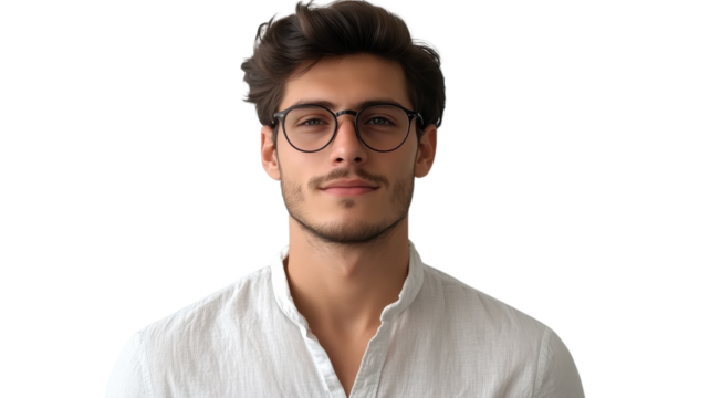 Young man with glasses posing confidently against white background in casual attire