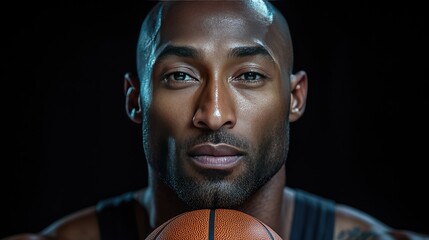 A muscular, bald African American man in a black basketball jersey holds a basketball in front of him.