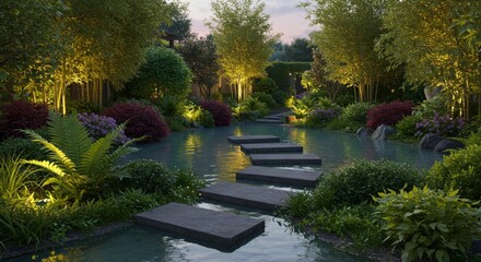 Fototapeta premium Serene Stone Steps Emerge From Calm Water - Tranquil garden scene symbolizing peace, reflection, nature's beauty, serenity, and rejuvenation. A path leads to inner calm