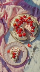 Fototapeta premium Delightful Strawberry Cake Served on a Marble Table With Pink Cloth and Sunlight Playing Across the Surface