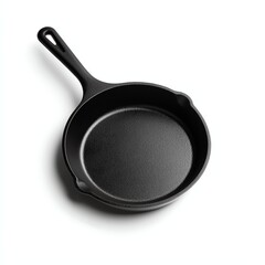 A black cast iron skillet with a smooth surface, perfect for cooking and baking. Isolated on a white background.