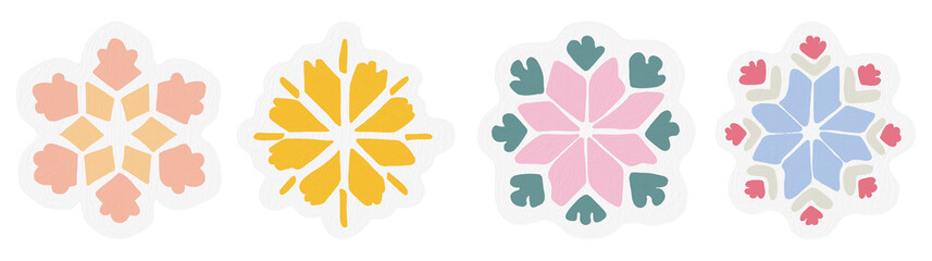 Four stylized floral designs with varying color palettes are arranged horizontally against a light gray background.