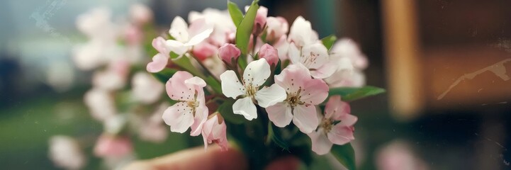 Obraz premium Close-up of a handheld bouquet of delicate pink and white blossoms – Ideal for floral branding, romantic content, or wedding-themed materials.
