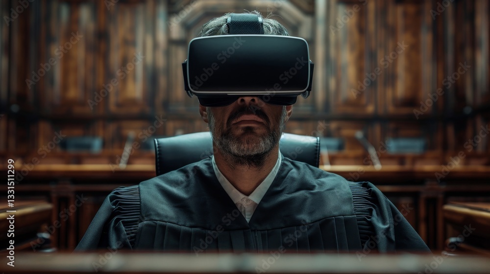 Poster virtual reality trial simulation in a judiciary setting showcasing a judge using ai technology