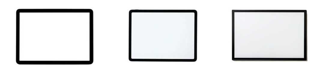 Obraz premium Set of a white blank screen of a black tablet or computer with a frame, isolated on a transparent background.