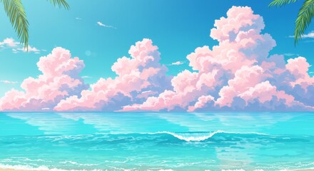Tranquil Seascape with Pink Clouds - Serene beach scene, anime , pink clouds, turquoise water, peaceful ambiance. Symbolizing tranquility, serenity, escape, beauty, dreams