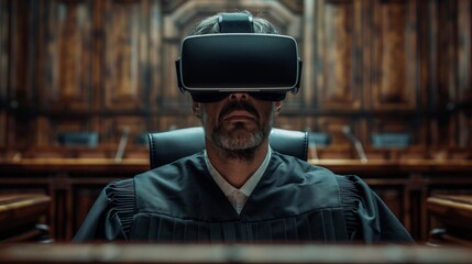 Virtual reality trial simulation in a judiciary setting showcasing a judge using AI technology
