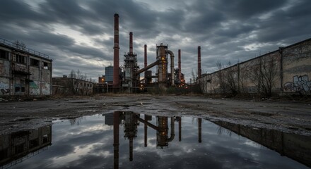 Obraz premium Urban Decay: Reflections of an Abandoned Factory - A desolate industrial scene, symbolizing pollution, abandonment, urban decay, industrial revolution's end, and environmental impact