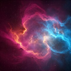 Vibrant nebula with red and blue hues, swirling gases, and bright star points against a dark, deep space backdrop